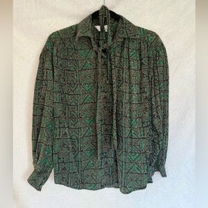 Vintage Doncaster Silk Green and Black Patterned Blouse With Neck Tie